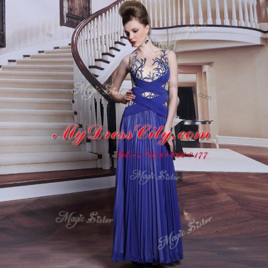 Dramatic Royal Blue Chiffon Zipper Dress for Prom Sleeveless Floor Length Sequins and Pleated