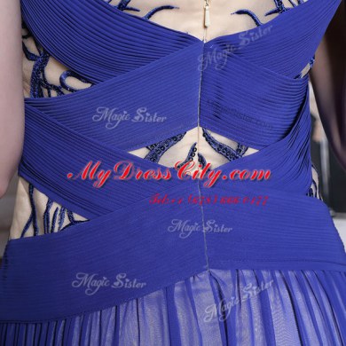 Dramatic Royal Blue Chiffon Zipper Dress for Prom Sleeveless Floor Length Sequins and Pleated