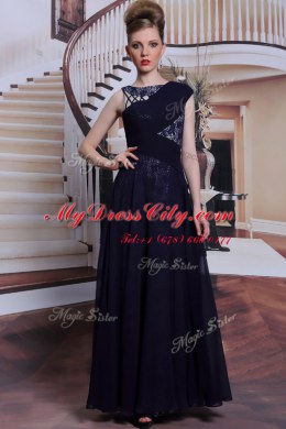 Floor Length Side Zipper Prom Gown Navy Blue for Prom and Party with Lace