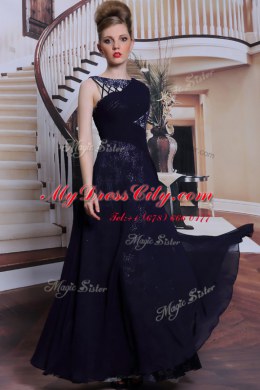 Floor Length Side Zipper Prom Gown Navy Blue for Prom and Party with Lace