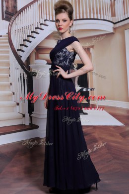 Floor Length Side Zipper Prom Gown Navy Blue for Prom and Party with Lace