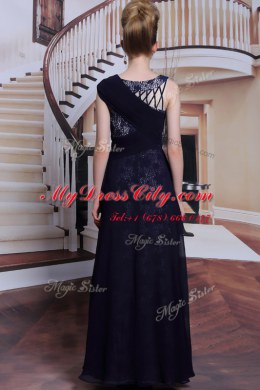 Floor Length Side Zipper Prom Gown Navy Blue for Prom and Party with Lace