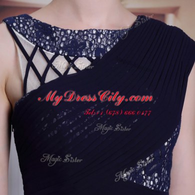 Floor Length Side Zipper Prom Gown Navy Blue for Prom and Party with Lace