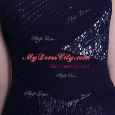 Floor Length Side Zipper Prom Gown Navy Blue for Prom and Party with Lace