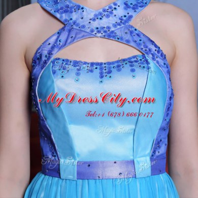 Attractive Scoop Floor Length Column/Sheath Sleeveless Blue Prom Evening Gown Zipper