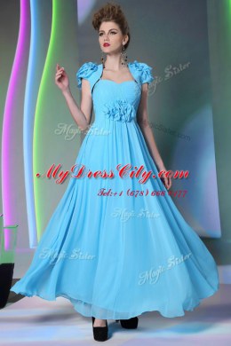 Baby Blue Sweetheart Neckline Beading and Hand Made Flower Evening Dress Cap Sleeves Zipper