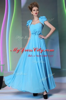 Baby Blue Sweetheart Neckline Beading and Hand Made Flower Evening Dress Cap Sleeves Zipper