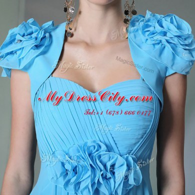 Baby Blue Sweetheart Neckline Beading and Hand Made Flower Evening Dress Cap Sleeves Zipper