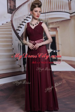 Luxurious Burgundy Zipper Straps Beading and Ruching Prom Dress Chiffon Sleeveless