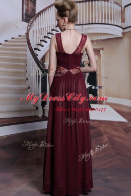 Luxurious Burgundy Zipper Straps Beading and Ruching Prom Dress Chiffon Sleeveless