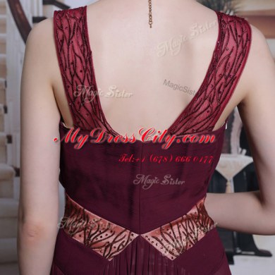 Luxurious Burgundy Zipper Straps Beading and Ruching Prom Dress Chiffon Sleeveless
