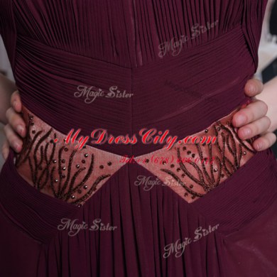 Luxurious Burgundy Zipper Straps Beading and Ruching Prom Dress Chiffon Sleeveless
