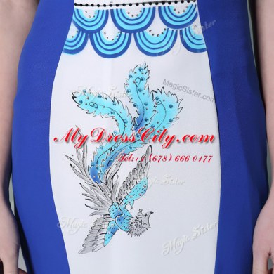 Romantic V-neck Cap Sleeves Zipper Evening Dress Blue And White Chiffon