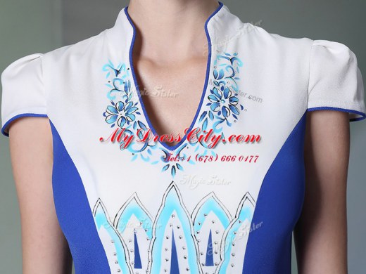 Romantic V-neck Cap Sleeves Zipper Evening Dress Blue And White Chiffon