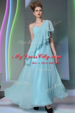 One Shoulder Light Blue Column/Sheath Ruffles Homecoming Dress Side Zipper Chiffon Cap Sleeves Ankle Length