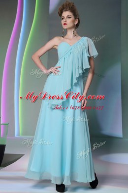 One Shoulder Light Blue Column/Sheath Ruffles Homecoming Dress Side Zipper Chiffon Cap Sleeves Ankle Length