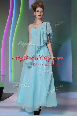 One Shoulder Light Blue Column/Sheath Ruffles Homecoming Dress Side Zipper Chiffon Cap Sleeves Ankle Length