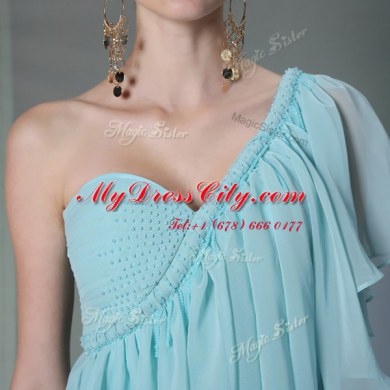 One Shoulder Light Blue Column/Sheath Ruffles Homecoming Dress Side Zipper Chiffon Cap Sleeves Ankle Length