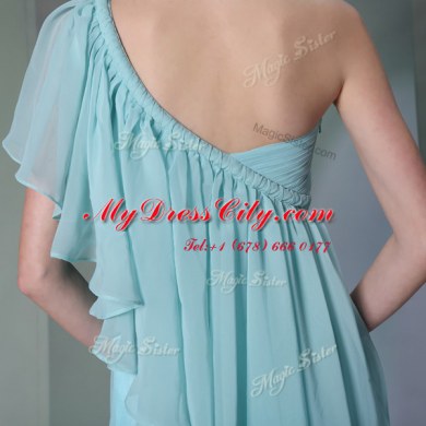 One Shoulder Light Blue Column/Sheath Ruffles Homecoming Dress Side Zipper Chiffon Cap Sleeves Ankle Length