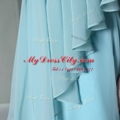 One Shoulder Light Blue Column/Sheath Ruffles Homecoming Dress Side Zipper Chiffon Cap Sleeves Ankle Length
