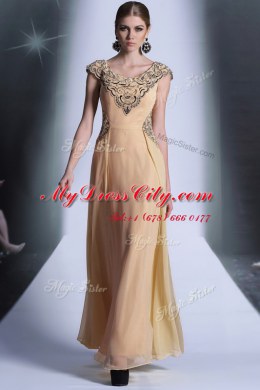 Graceful Peach Side Zipper Scoop Beading and Appliques Homecoming Dress Chiffon Cap Sleeves