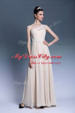 Champagne One Shoulder Neckline Beading and Ruching Dress for Prom Sleeveless Side Zipper