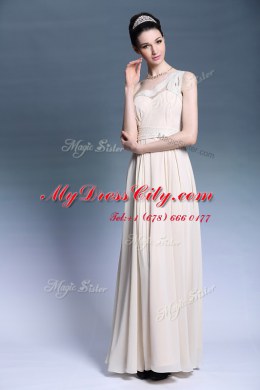 Champagne One Shoulder Neckline Beading and Ruching Dress for Prom Sleeveless Side Zipper