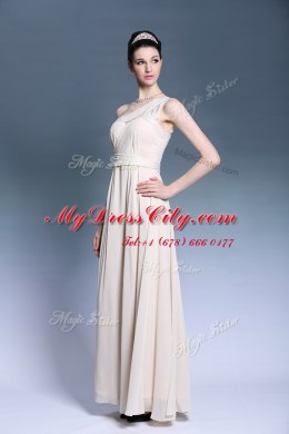 Champagne One Shoulder Neckline Beading and Ruching Dress for Prom Sleeveless Side Zipper