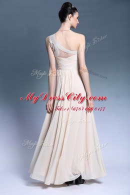 Champagne One Shoulder Neckline Beading and Ruching Dress for Prom Sleeveless Side Zipper