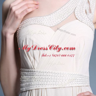 Champagne One Shoulder Neckline Beading and Ruching Dress for Prom Sleeveless Side Zipper