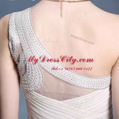 Champagne One Shoulder Neckline Beading and Ruching Dress for Prom Sleeveless Side Zipper