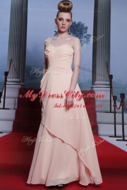 Best Selling One Shoulder Baby Pink Long Sleeves Chiffon Side Zipper Dress for Prom for Prom and Party