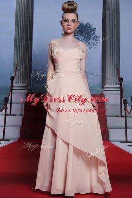 Best Selling One Shoulder Baby Pink Long Sleeves Chiffon Side Zipper Dress for Prom for Prom and Party
