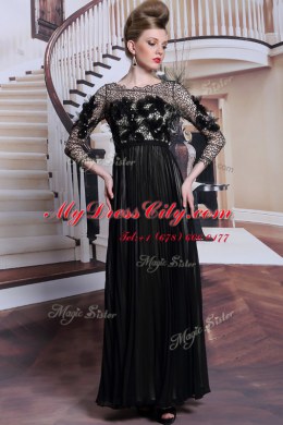 Sequins Asymmetric 3 4 Length Sleeve Clasp Handle Dress for Prom Black Chiffon
