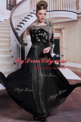 Sequins Asymmetric 3 4 Length Sleeve Clasp Handle Dress for Prom Black Chiffon