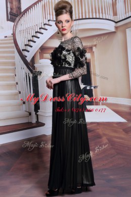 Sequins Asymmetric 3 4 Length Sleeve Clasp Handle Dress for Prom Black Chiffon