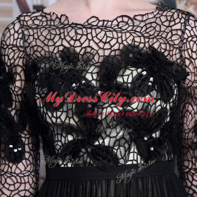 Sequins Asymmetric 3 4 Length Sleeve Clasp Handle Dress for Prom Black Chiffon