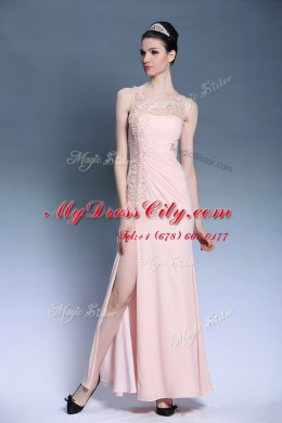 Sleeveless Chiffon Ankle Length Side Zipper Prom Dress in Baby Pink with Appliques