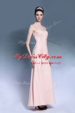 Sleeveless Chiffon Ankle Length Side Zipper Prom Dress in Baby Pink with Appliques