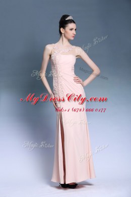 Sleeveless Chiffon Ankle Length Side Zipper Prom Dress in Baby Pink with Appliques