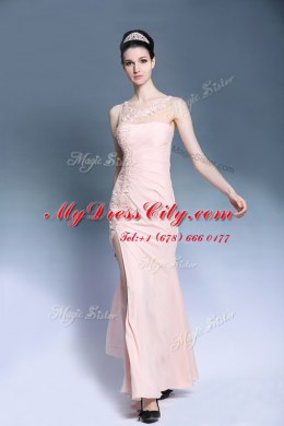 Sleeveless Chiffon Ankle Length Side Zipper Prom Dress in Baby Pink with Appliques