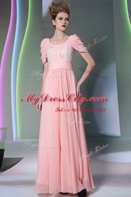 Customized Scoop Baby Pink Side Zipper Evening Dress Beading Cap Sleeves Floor Length
