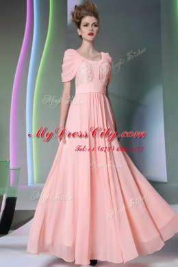 Customized Scoop Baby Pink Side Zipper Evening Dress Beading Cap Sleeves Floor Length
