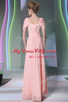 Customized Scoop Baby Pink Side Zipper Evening Dress Beading Cap Sleeves Floor Length