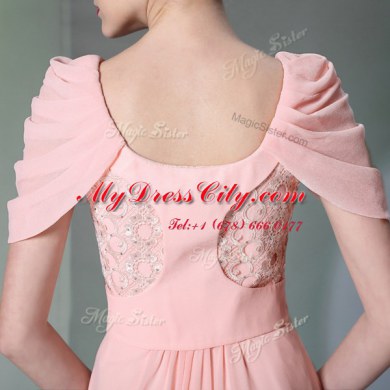 Customized Scoop Baby Pink Side Zipper Evening Dress Beading Cap Sleeves Floor Length