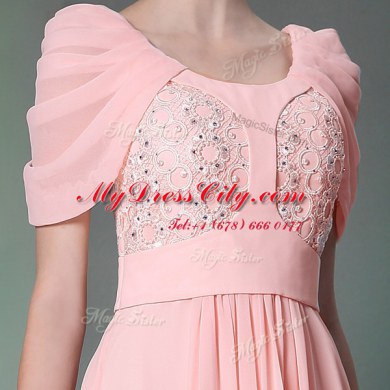 Customized Scoop Baby Pink Side Zipper Evening Dress Beading Cap Sleeves Floor Length