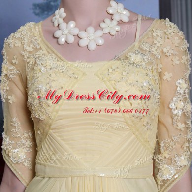 Custom Designed Chiffon Half Sleeves Floor Length Prom Evening Gown and Lace and Ruching