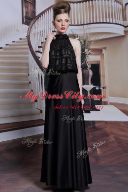 Eye-catching Black Satin Zipper High-neck Sleeveless Floor Length Prom Dresses Beading