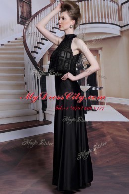 Eye-catching Black Satin Zipper High-neck Sleeveless Floor Length Prom Dresses Beading