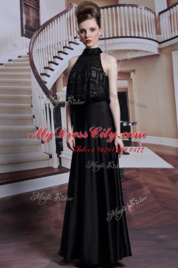 Eye-catching Black Satin Zipper High-neck Sleeveless Floor Length Prom Dresses Beading